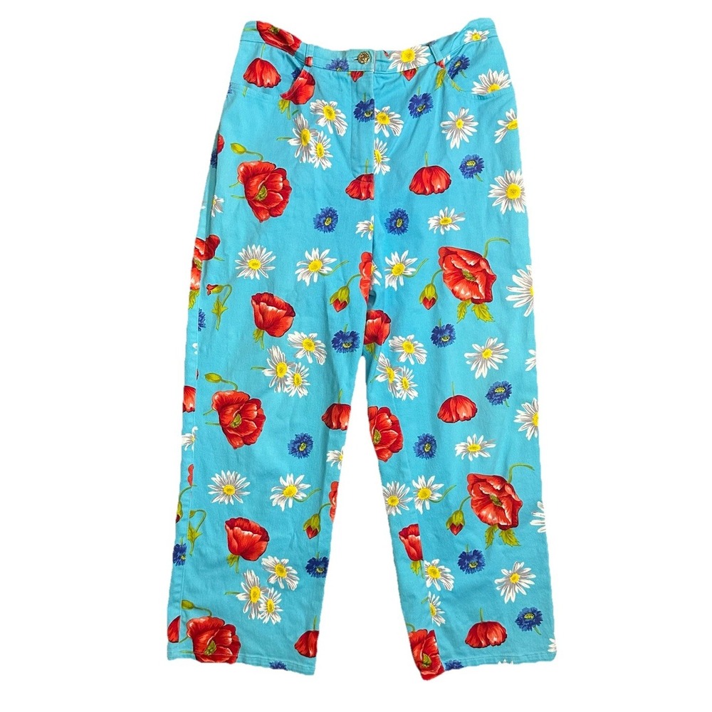 St. John Sport Women's SIZE 10 Blue Colorful‎ Pants Poppy Cropped Floral Pants